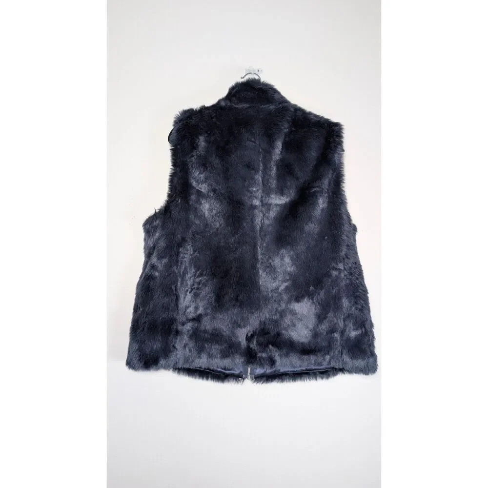 J.Crew Navy Faux Fur Zip Vest Size Large Après Ski Quiet Luxury Old Money Cozy